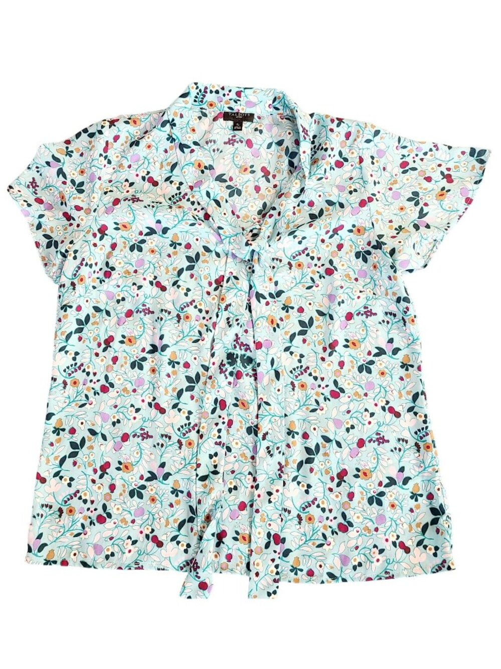 Talbots Petite Floral Tie-Neck Short Flutter Sleeve Blouse Sp Light Blue Floral